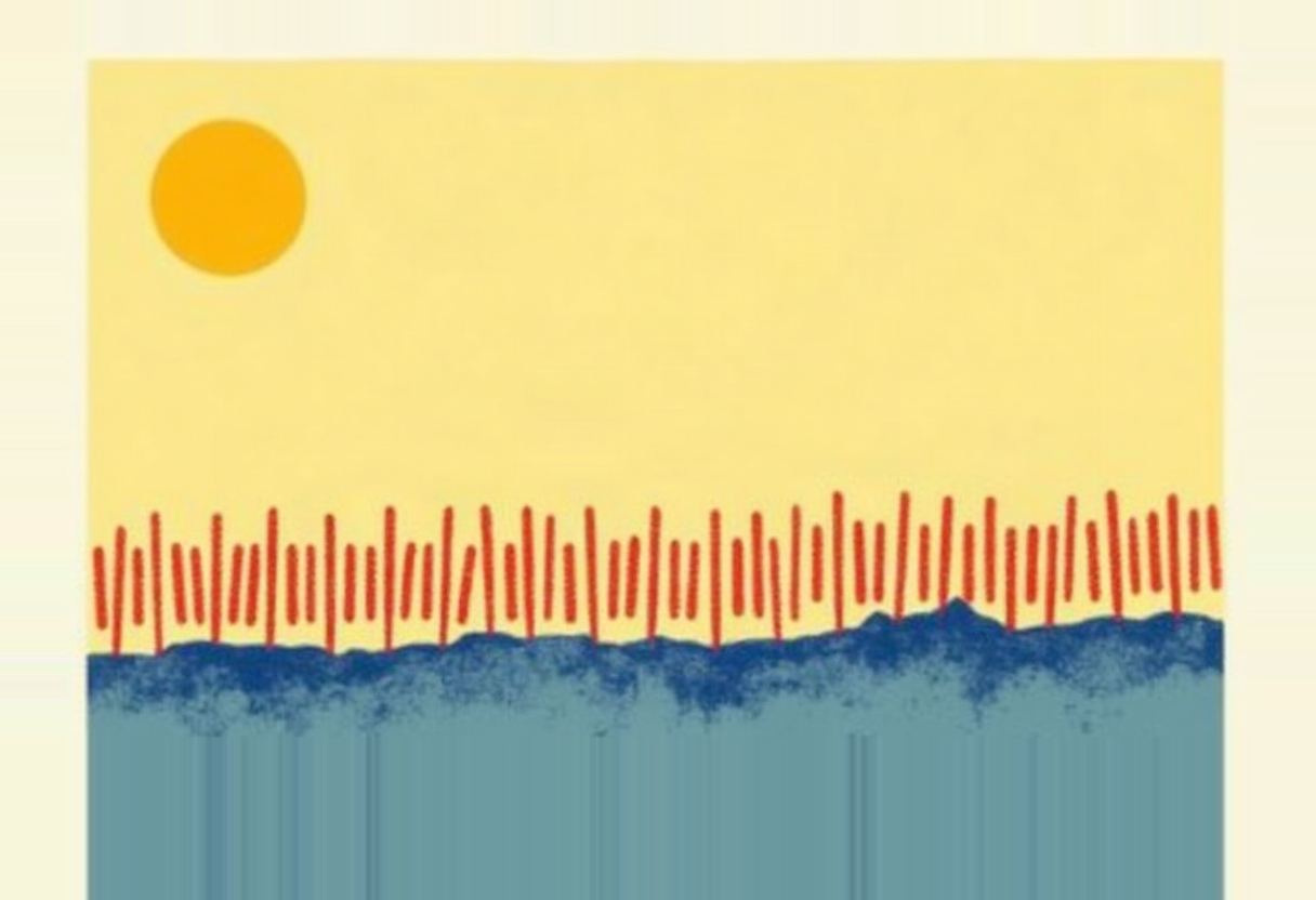 A row of thin red vertical dashed lines like a fence stands along a dark blue horizon under a pale yellow sky with a solid orange sun, upper left.