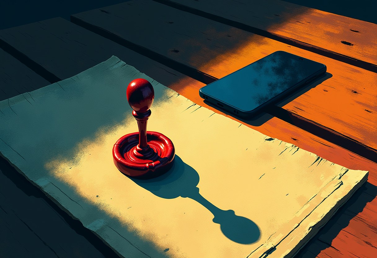 A dark wooden table bearing a formal wax seal on the left and a smartphone on the right, each casting a shadow in the opposite direction, crossing without touching — no text, no human figures.