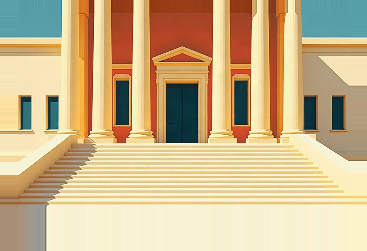 A stylized illustration of a courthouse facade with tall cream columns, a red pediment wall, a dark double door, two side windows, and wide steps leading up, set against a teal sky.