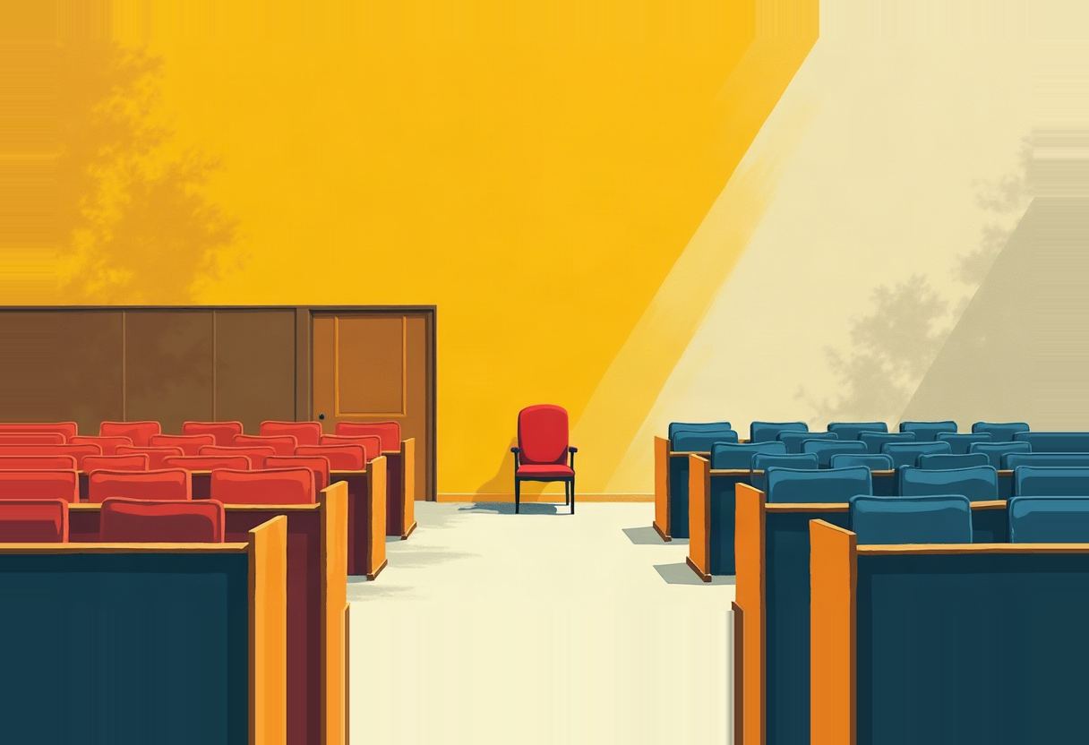 A single red armchair stands in the center aisle between rows of red seats on the left and blue seats on the right, against a yellow wall with a wood-paneled door.
