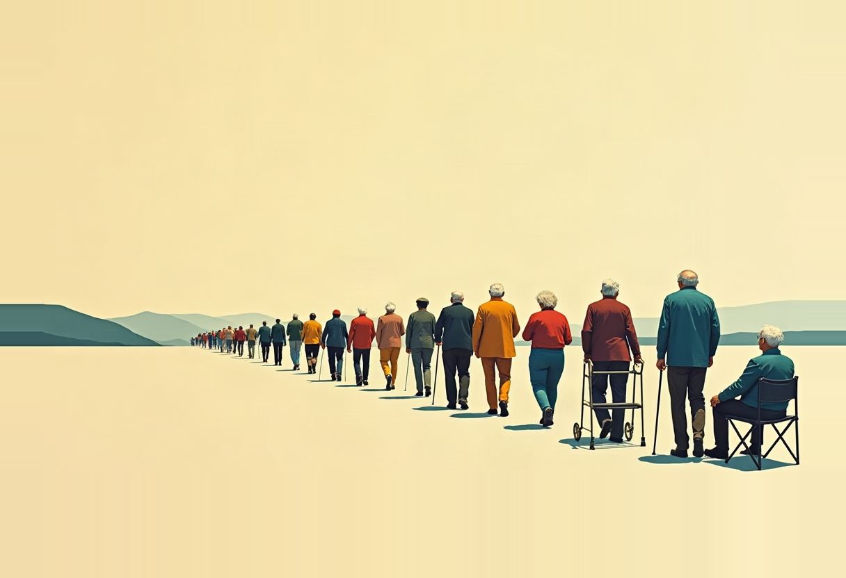 A long line of grey-haired people in colorful clothing walks away across a flat beige landscape, one using a walker, another sitting in a chair at the front, distant hills on the horizon.