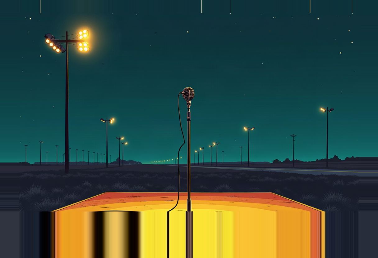 A lone microphone on a stand at the edge of a lit orange stage, facing an empty rural road lined with streetlights under a dark teal night sky.