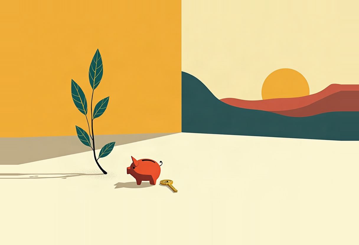 A flat-design illustration of a red piggy bank and a gold key on cream ground beside a leafy plant, with a teal hill, orange sun, and red mountain silhouette behind a mustard-yellow wall.