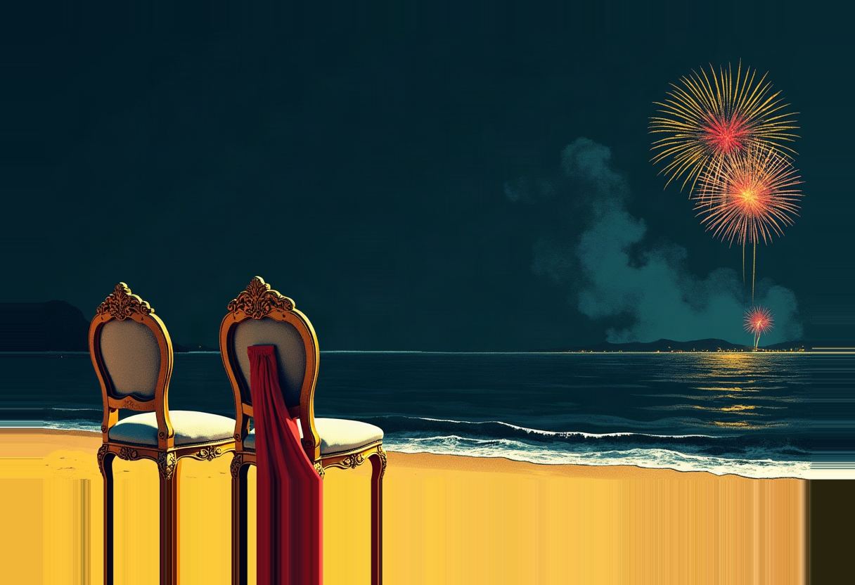 Two empty gilded chairs with a red sash draped over one sit on a beach at night, facing a dark sea with fireworks bursting over distant lights.