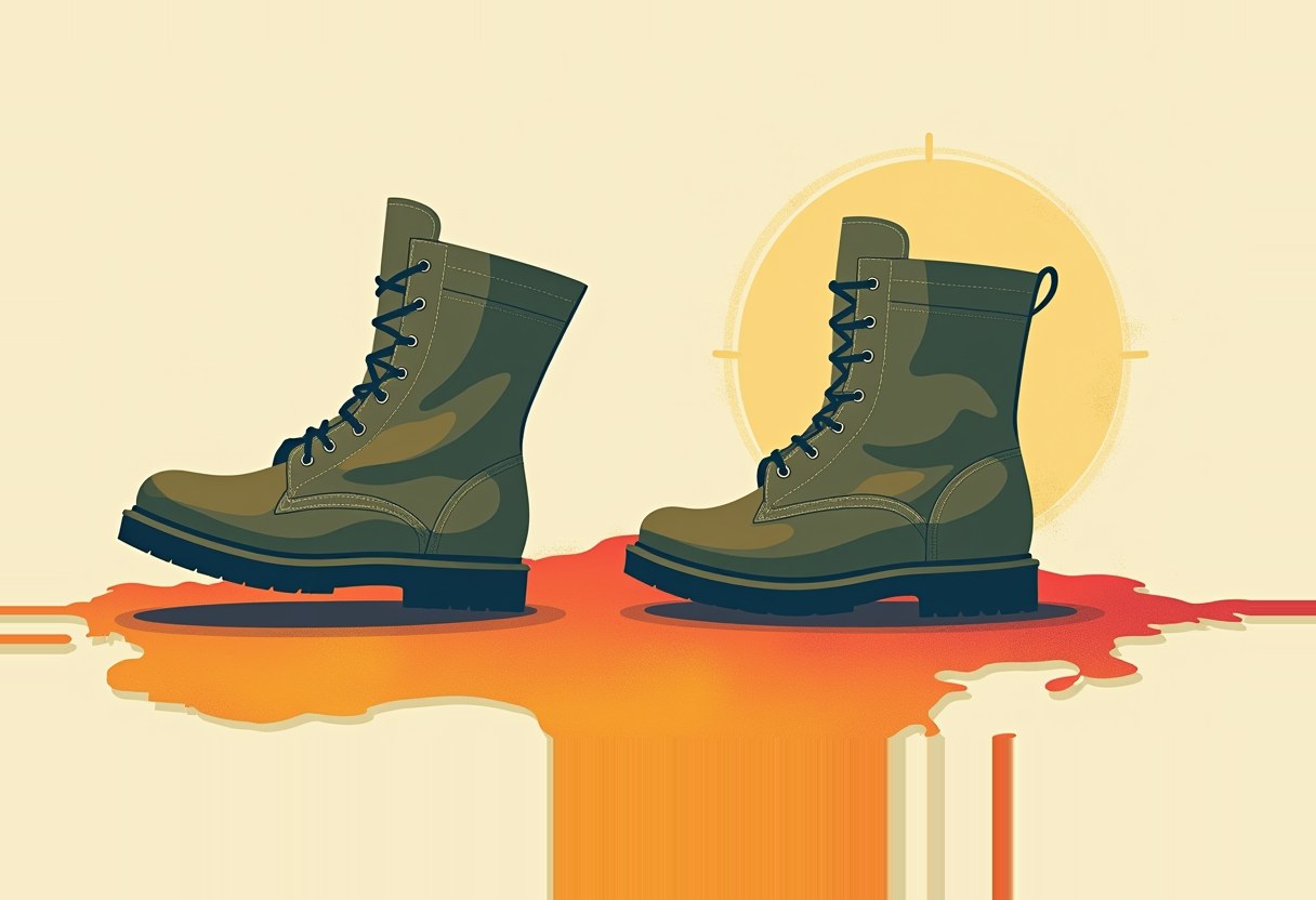 Two olive-green military lace-up boots stand in a pool of orange-red liquid dripping downward, with a yellow crosshair-marked circle behind the right boot on a cream background.