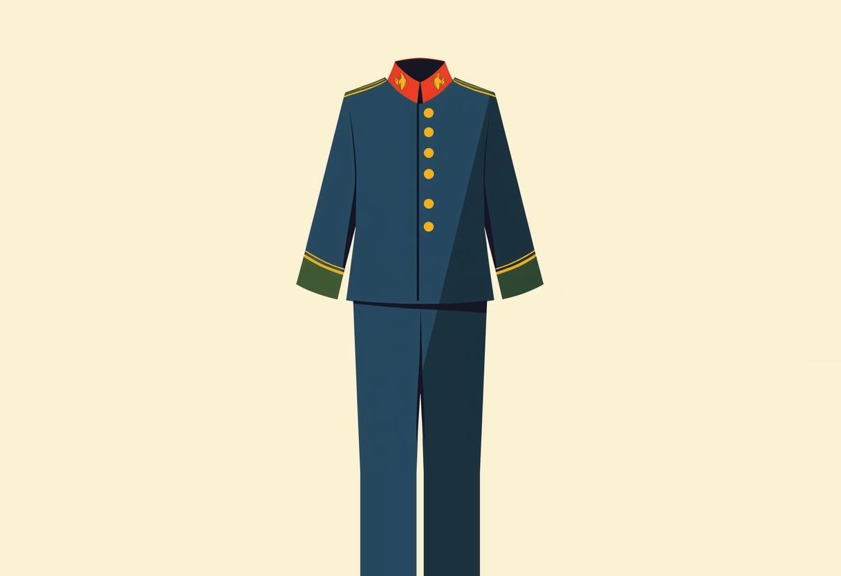 Flat illustration of an empty dark teal military-style uniform with gold buttons, a red stand-up collar with gold emblems, and green-and-gold trimmed cuffs, on a pale yellow background.