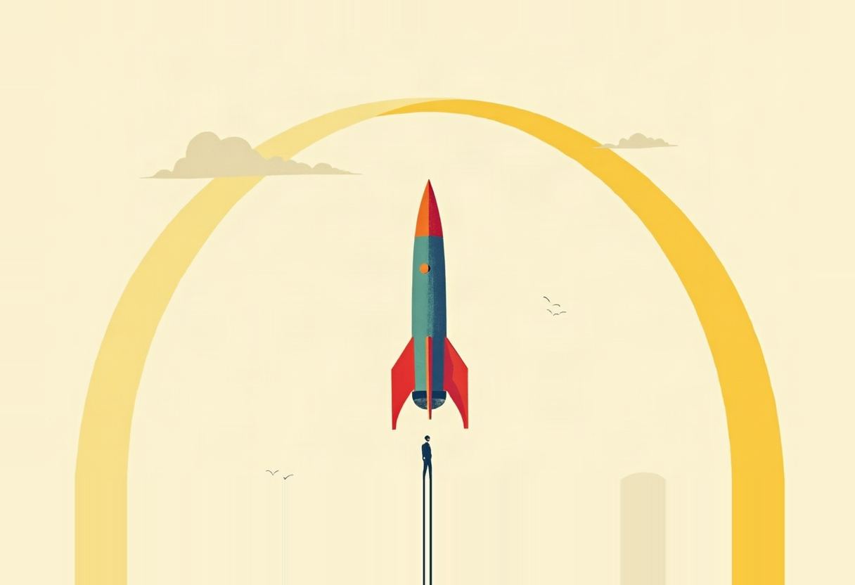 A retro-style red, teal, and orange rocket launches above a tiny silhouetted figure, framed by a large yellow arch and small birds, on a cream background.