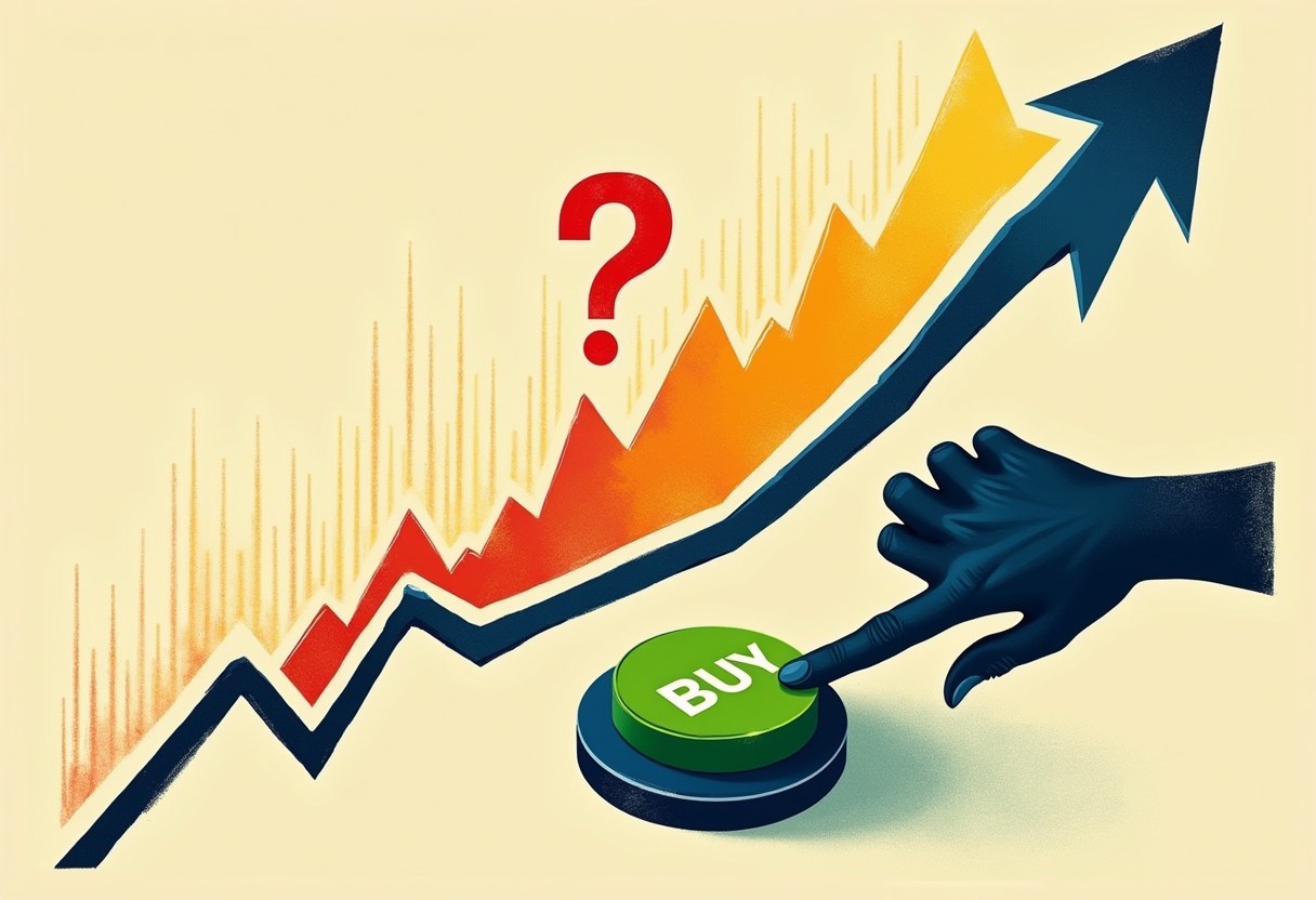 Editorial illustration of a V-shaped market chart with a glowing BUY button at the bottom pressed by a hand whose arm dissolves into a question mark