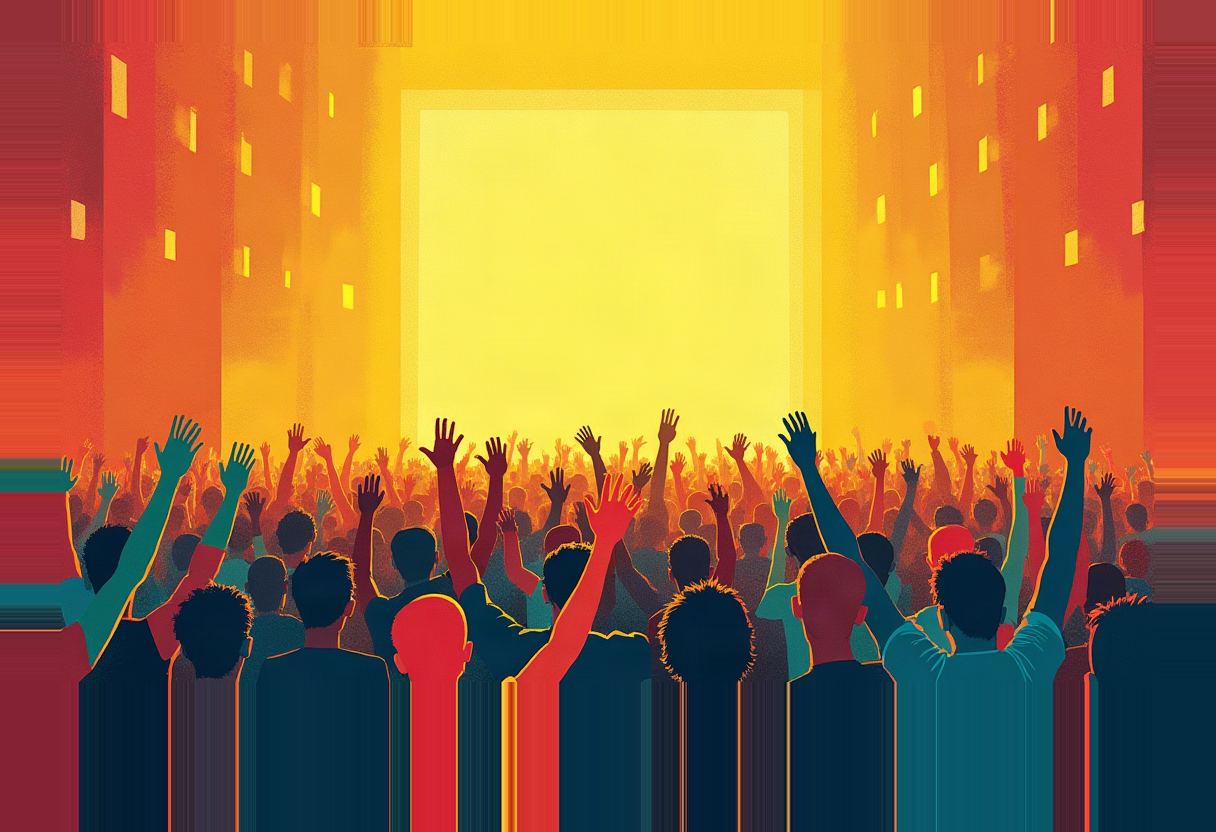 Illustrated crowd of silhouetted figures raising hands against a glowing yellow rectangular screen flanked by orange buildings with small lit windows.