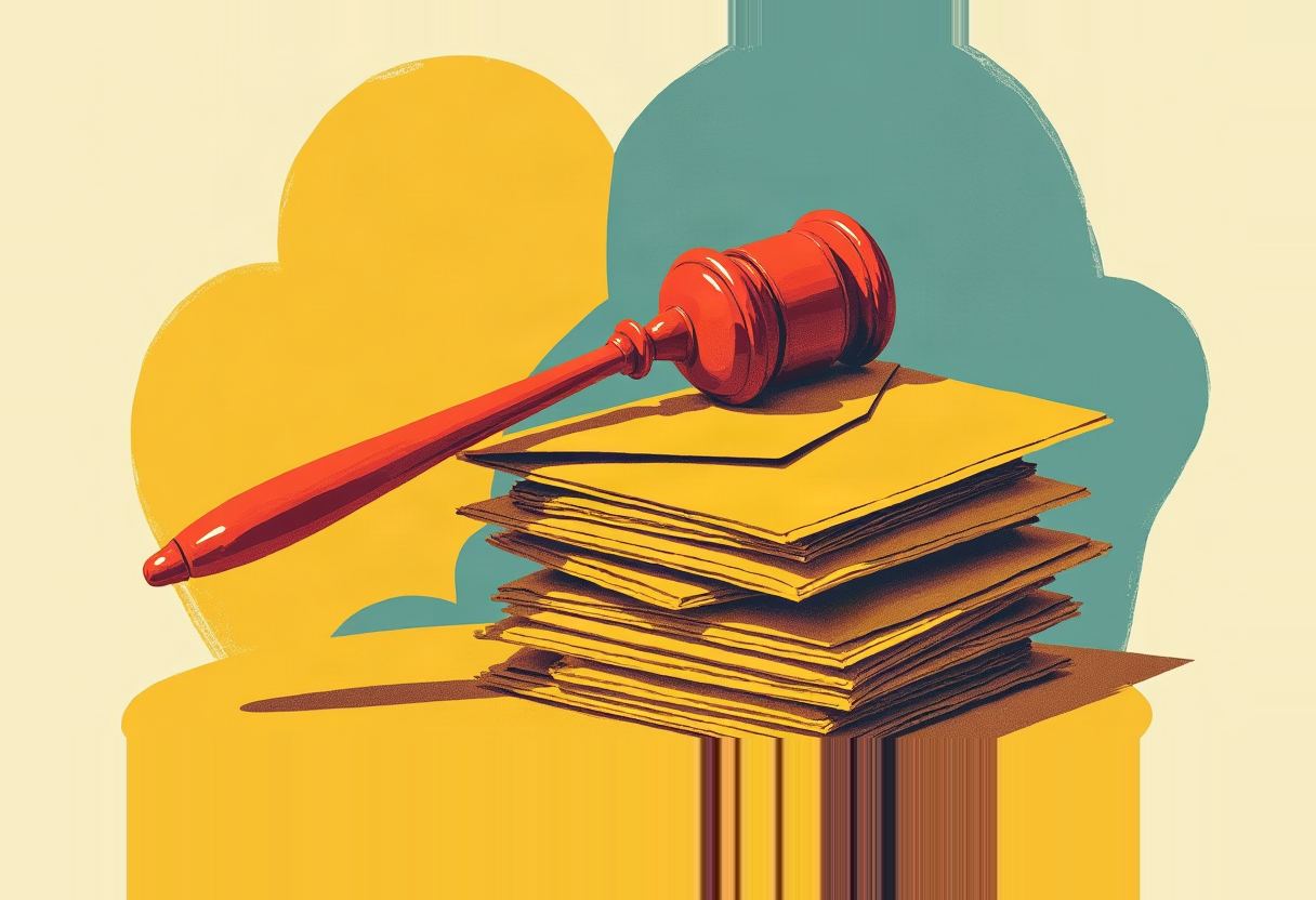 A large red gavel rests atop a stack of yellow envelopes on a table, against yellow and teal cloud-like shapes on a cream background.