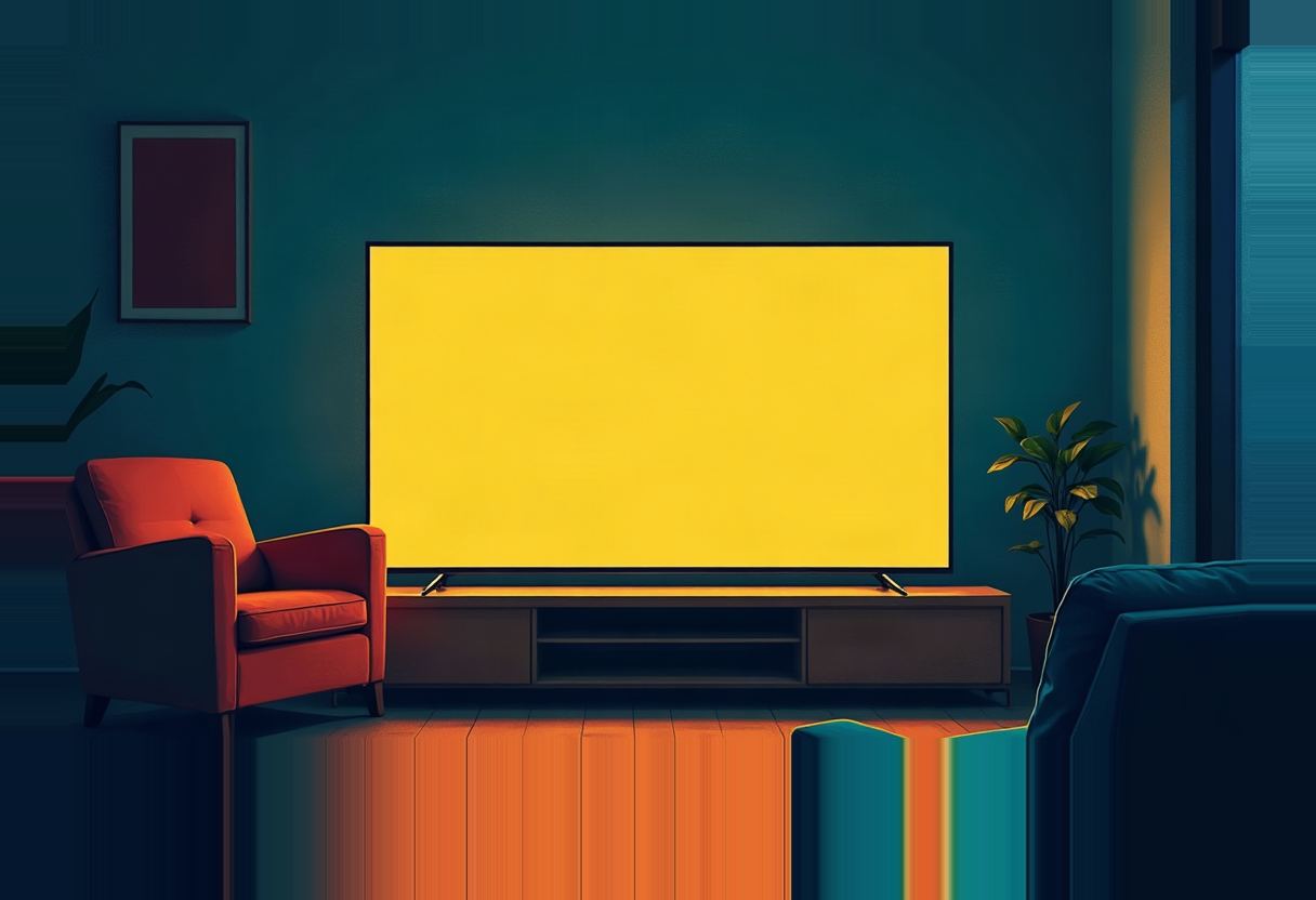 A dark living room with a large flat-screen TV glowing solid yellow, flanked by a red armchair, a blue sofa, a potted plant, and a framed picture on a teal wall.