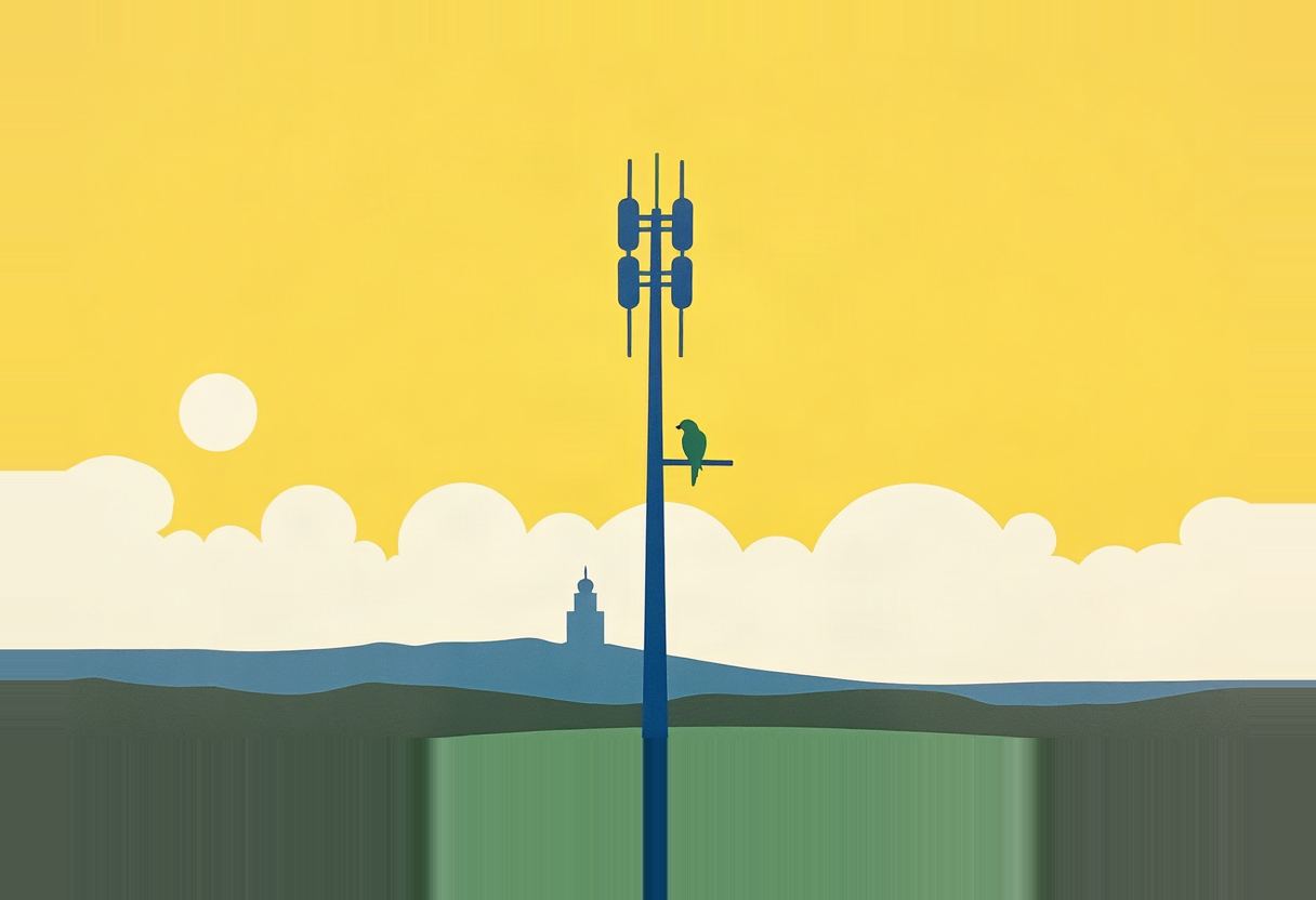 A blue cell tower rises against a yellow sky with a green bird perched on its crossbar, above white clouds, rolling hills, a distant tower, and a pale sun.