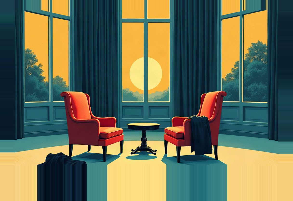 Two empty red armchairs flank a small round table in a curved, windowed room, facing tall arched windows showing a large yellow sun over trees at dusk.