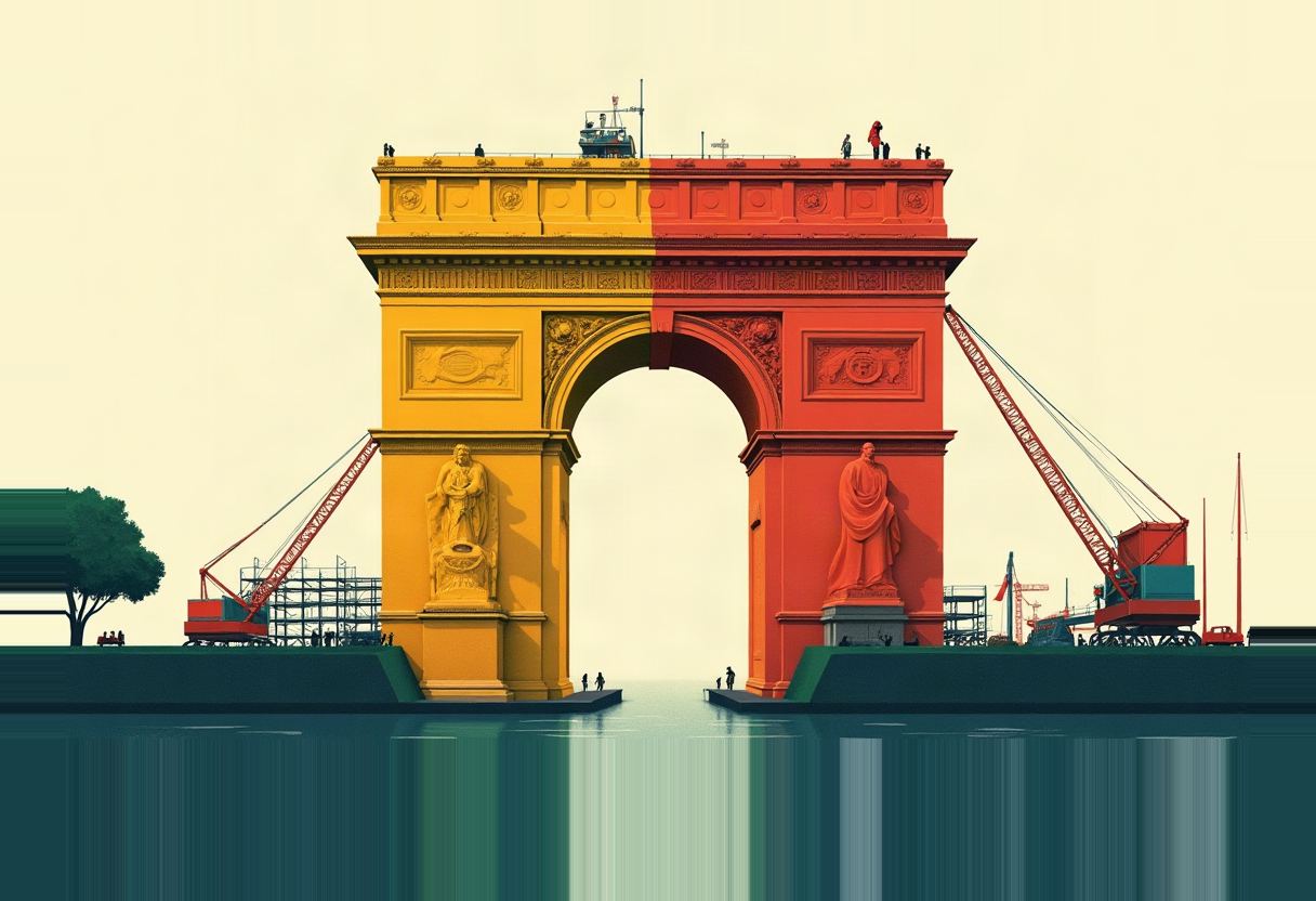 A triumphal arch split yellow on the left and red on the right, flanked by construction cranes, standing in water with small figures and a tree beside it.