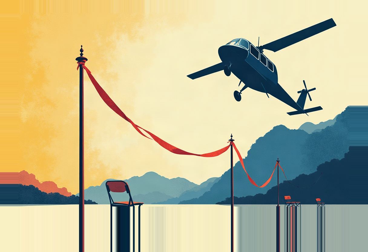 A dark silhouetted helicopter flies over a red ribbon strung between poles with empty folding chairs, set against an orange-to-cream sky and blue mountain silhouettes.