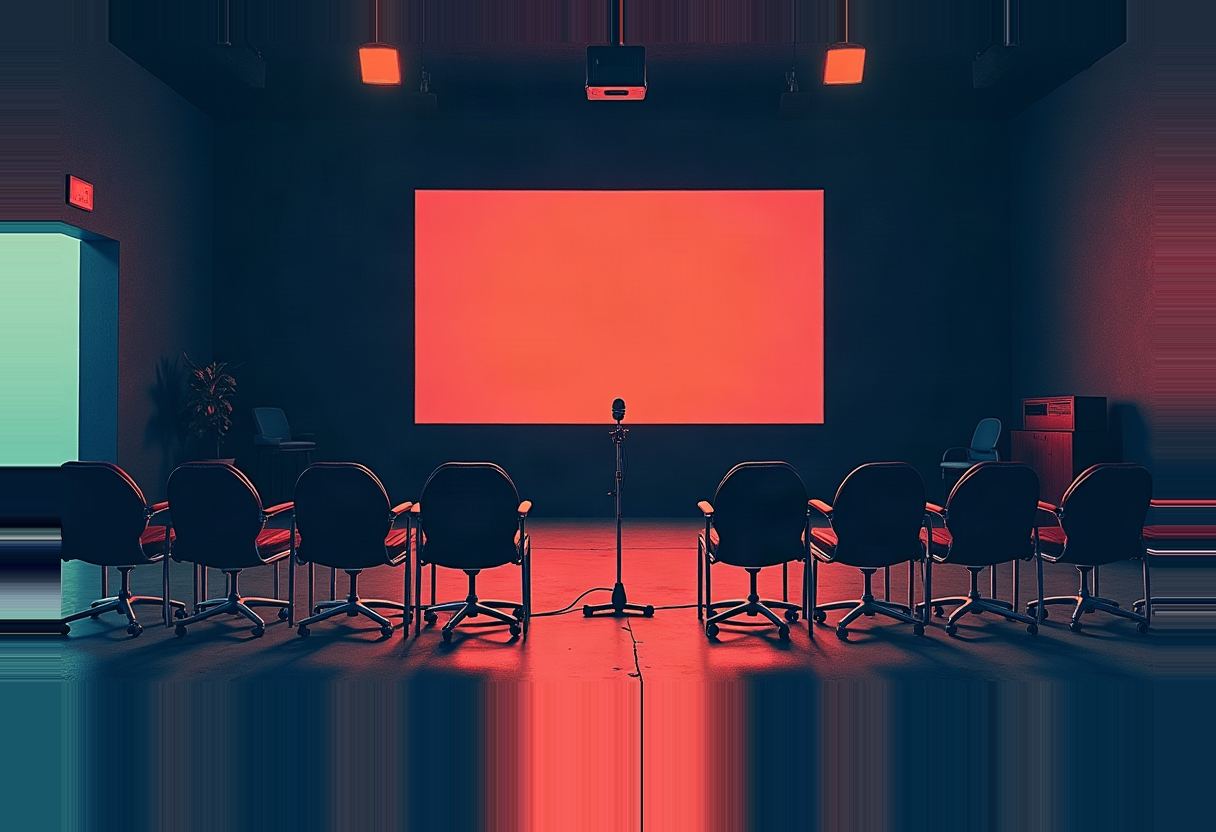 Empty office chairs face a blank glowing red-orange screen in a dark room, with a single microphone stand centered between them.