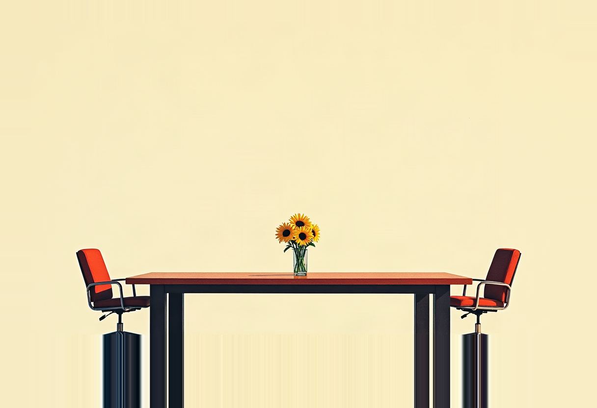 A vase of sunflowers sits centered on a wooden table flanked by two empty red office chairs, against a plain pale yellow background.