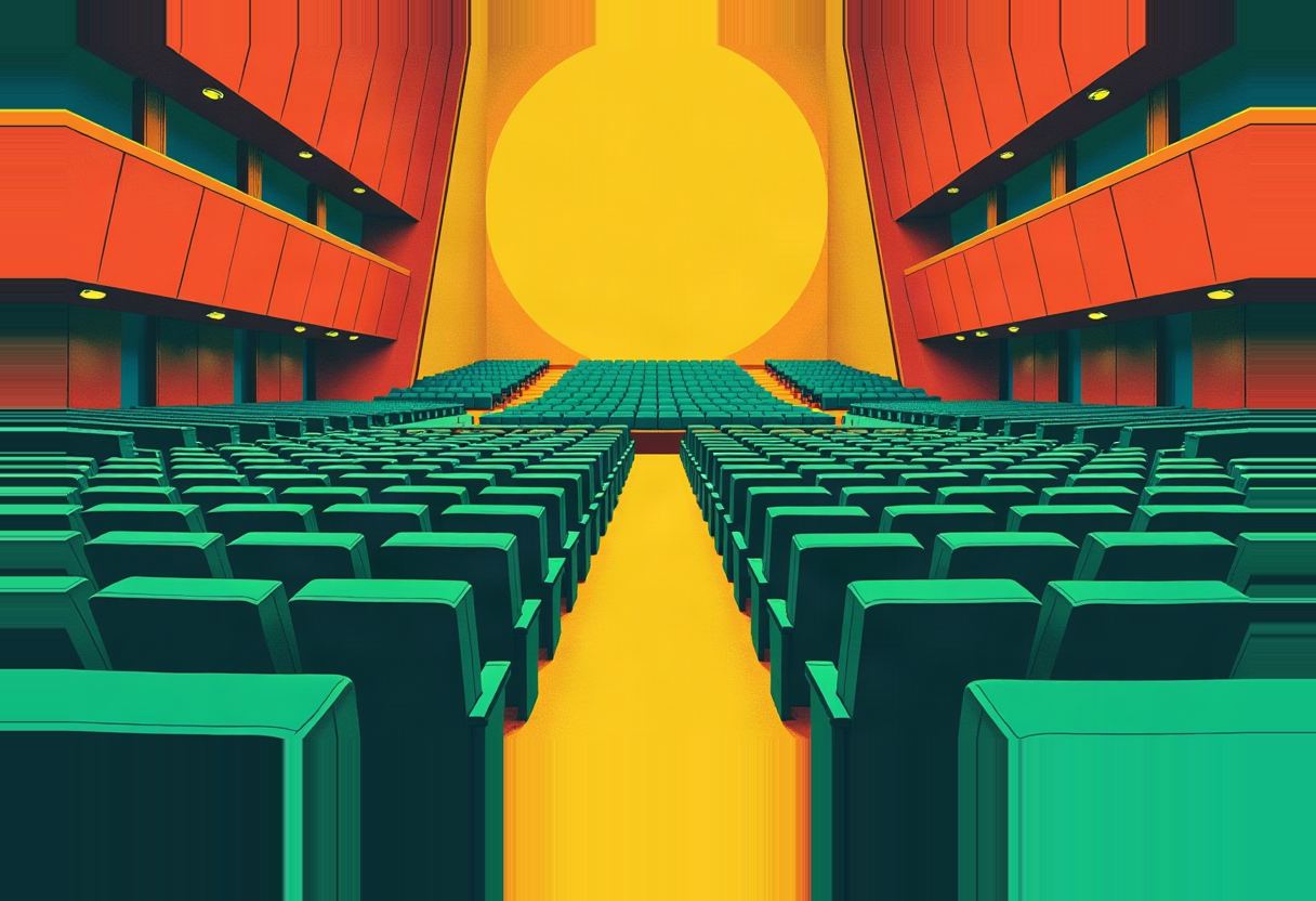 Empty rows of green auditorium seats flanked by orange balcony tiers, converging toward a glowing yellow circle at the far end.