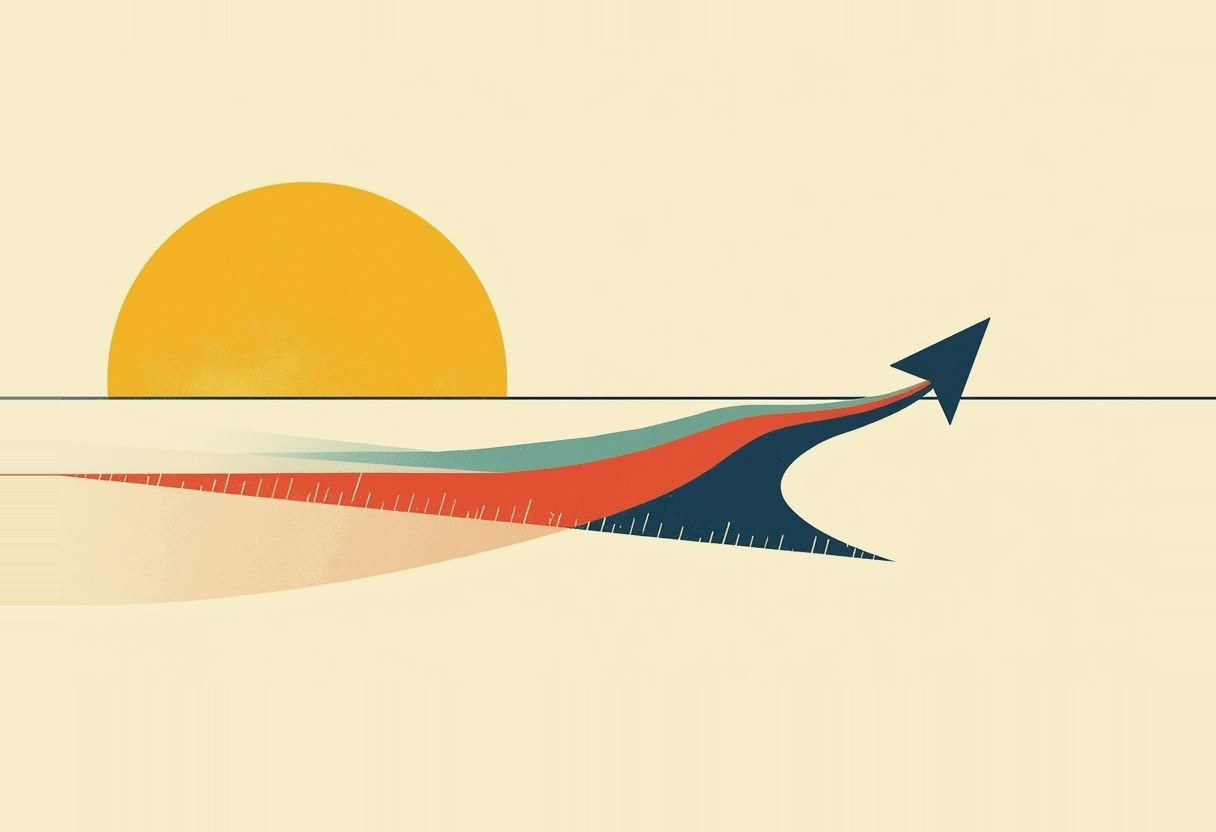 A yellow sun sits above a horizon line where teal, red, and navy ribbons converge into an upward-pointing arrow, on a cream background.