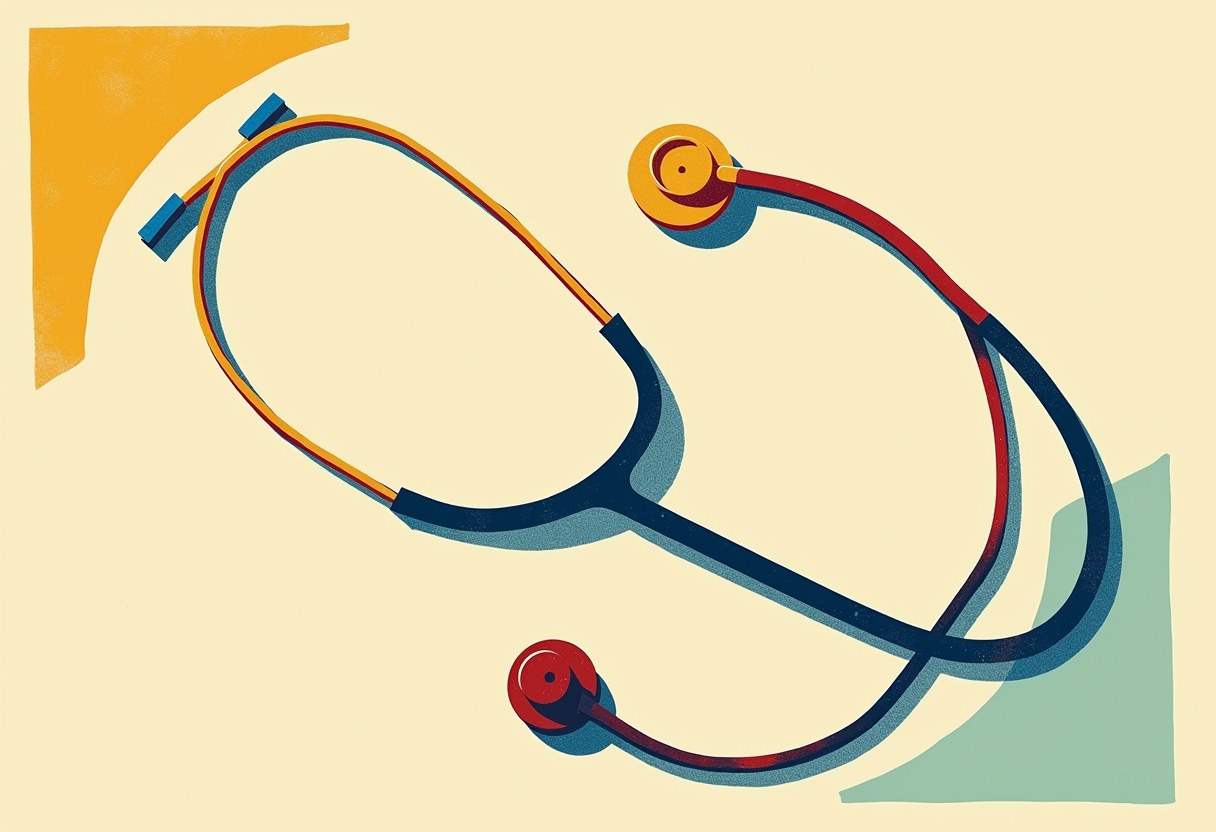 Two overlapping stethoscopes, one navy-and-yellow and one navy-and-red, coiled together on a cream background with abstract yellow and green shapes in the corners.