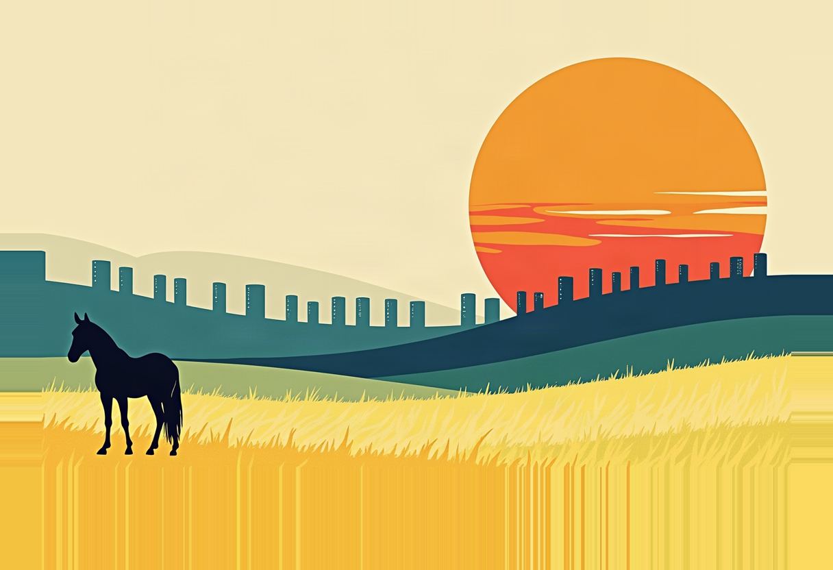 A dark silhouette of a horse stands in a golden field before a city skyline of low buildings, beneath a large orange sun over green hills.