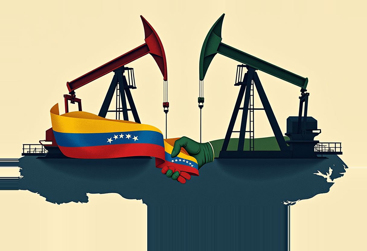 A green-gloved hand and a red-gloved hand shake, wrapped in a yellow-blue-red striped ribbon, between two oil pumpjacks on a dark landmass shaped like Venezuela and Florida, against a pale yellow background.