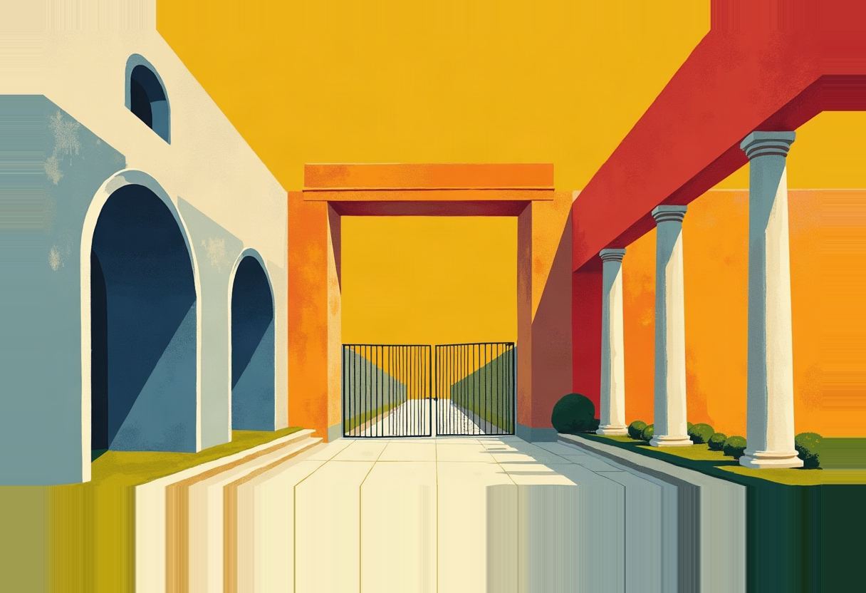 A closed black iron gate stands at the end of a paved walkway between a white arched wall on the left and white columns on the right, under a yellow and orange sky.