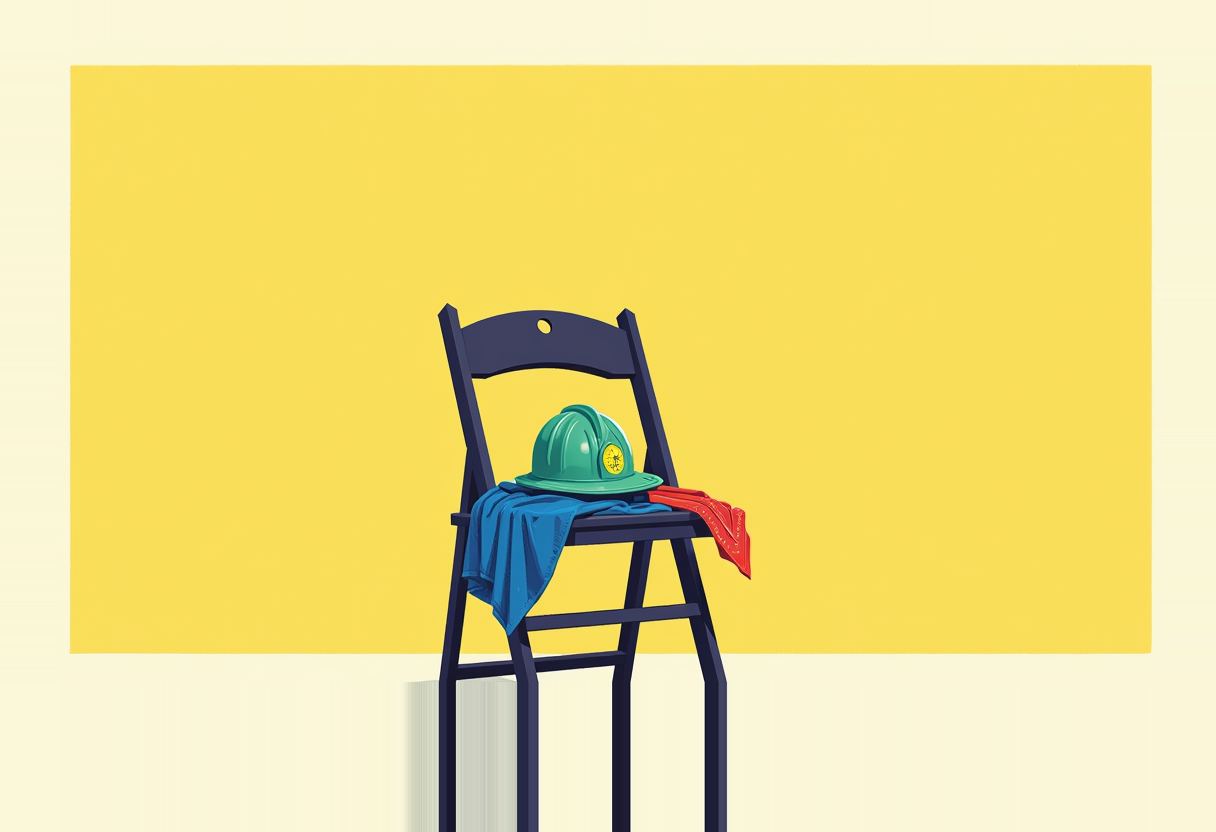 A green firefighter helmet with a badge rests on a folding chair, draped with a blue cloth and a red bandana, against a yellow wall.