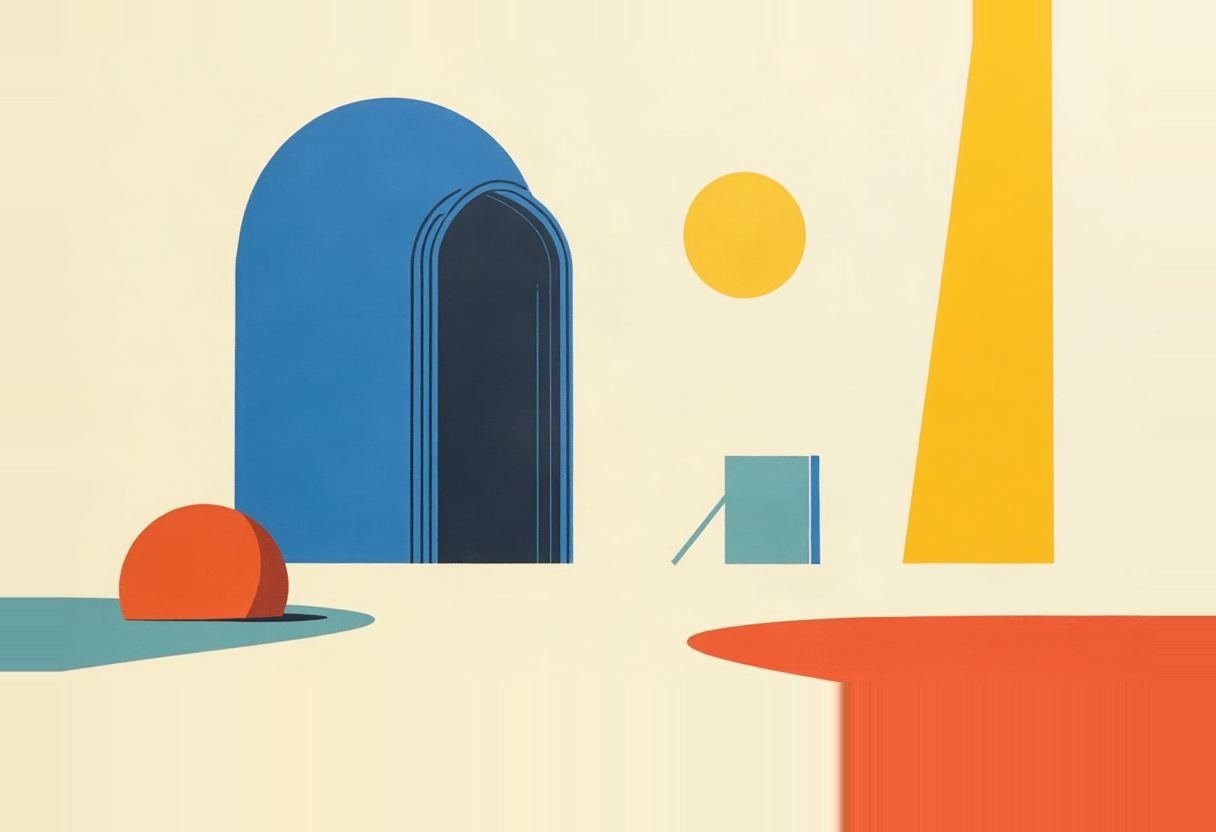 Flat geometric shapes on cream: a blue arched doorway, an orange dome on a teal oval, a yellow circle, a teal tilted box, and a tall yellow triangular shape beside a red pool.