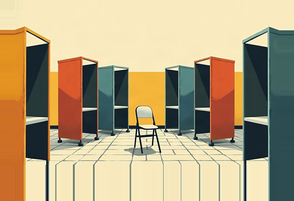 Empty folding chair on a tiled floor between rows of orange and dark teal voting booth dividers under a yellow sky.