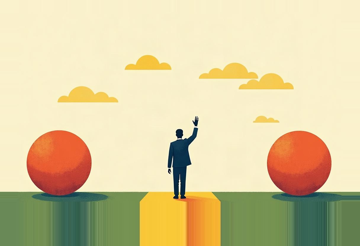 A silhouetted figure in a dark suit stands on a yellow block between two large orange spheres, one arm raised, against a pale yellow sky with stylized clouds.