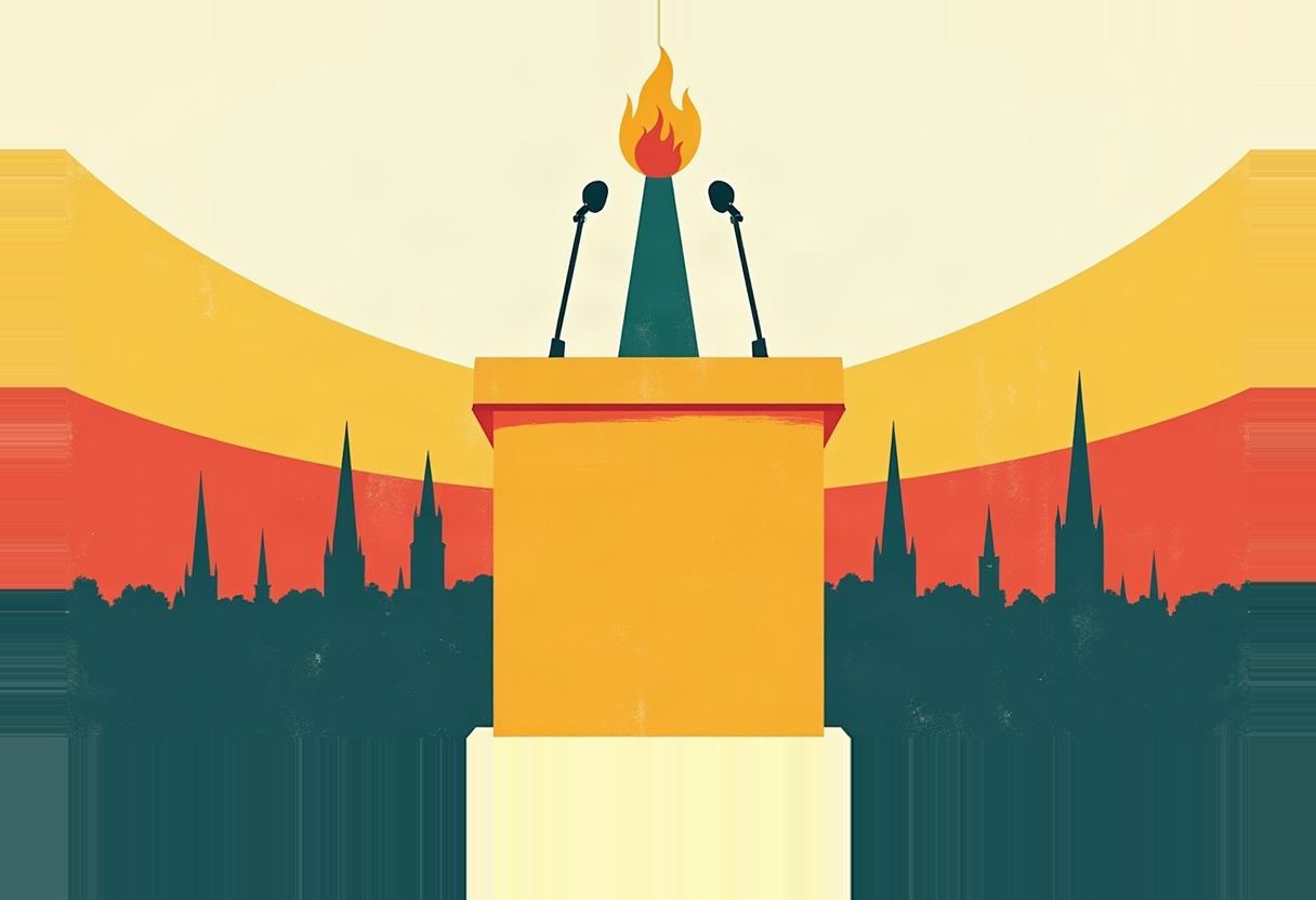 A yellow podium with two microphones flanks a dark green steeple topped with orange flame, set against a red-and-yellow striped sky above a dark silhouette of church spires.