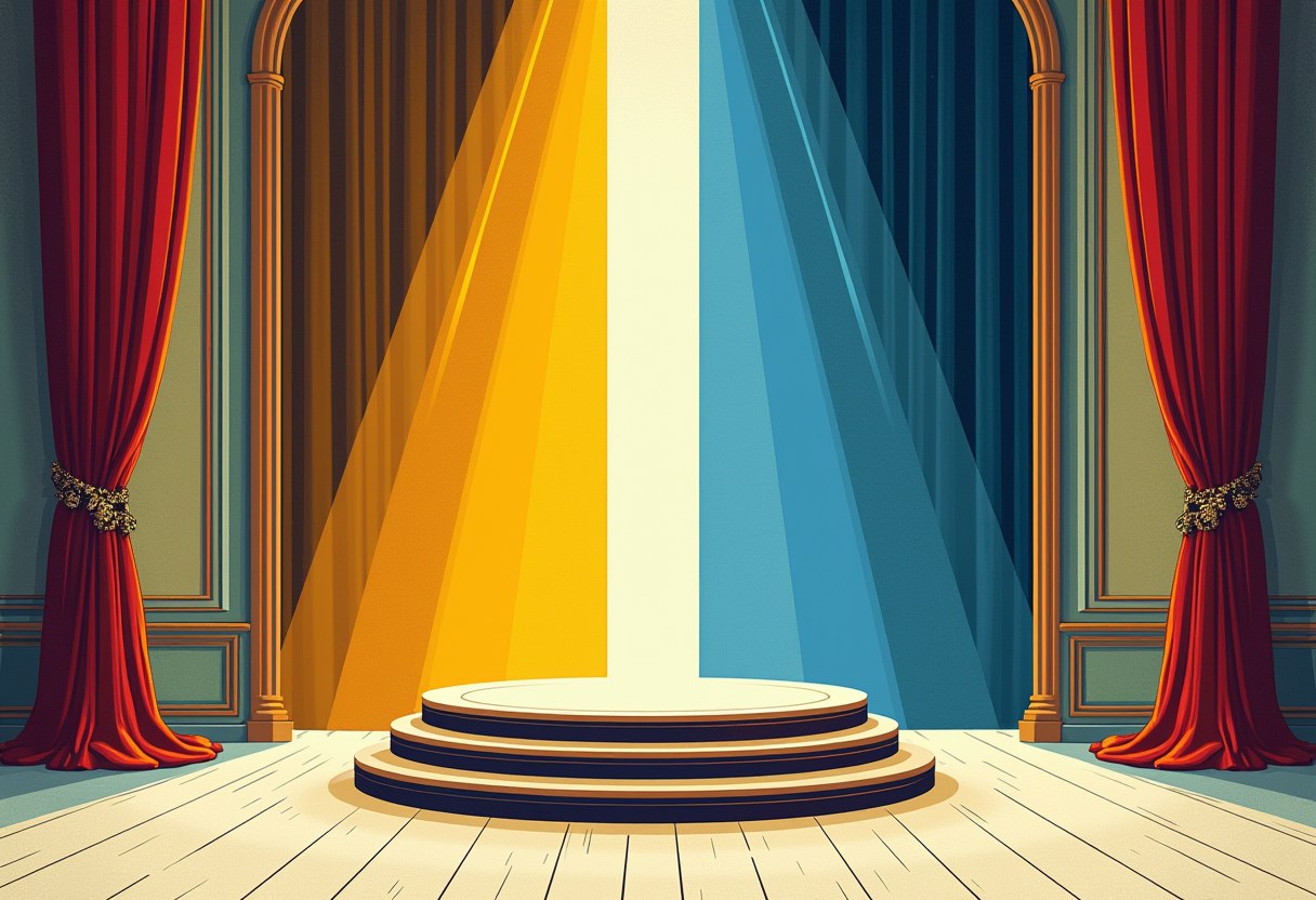 An ornate podium in a grand ballroom bisected by warm golden light on one side and cold blue light on the other, empty room, editorial illustration