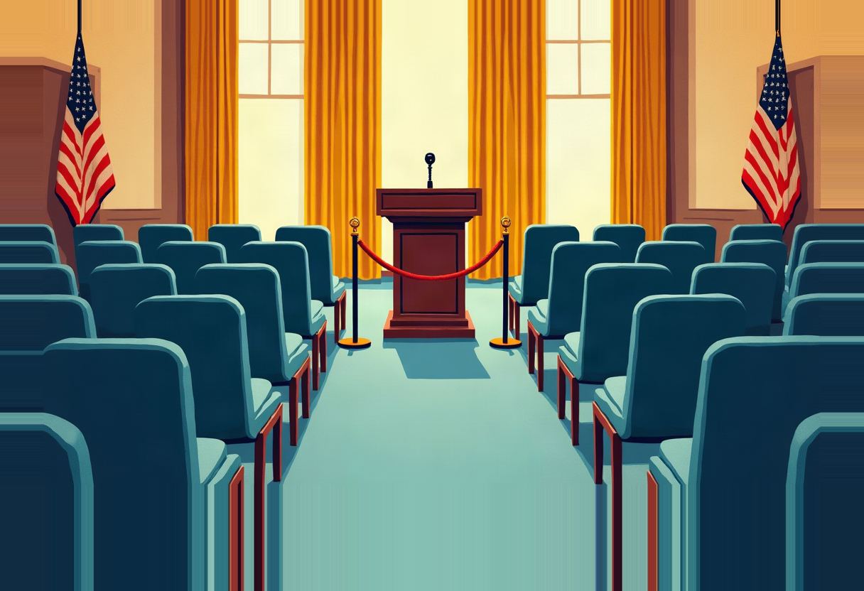 Empty press briefing room with rows of blue chairs, a wooden podium blocked by a red velvet rope, two US flags, and gold curtains.