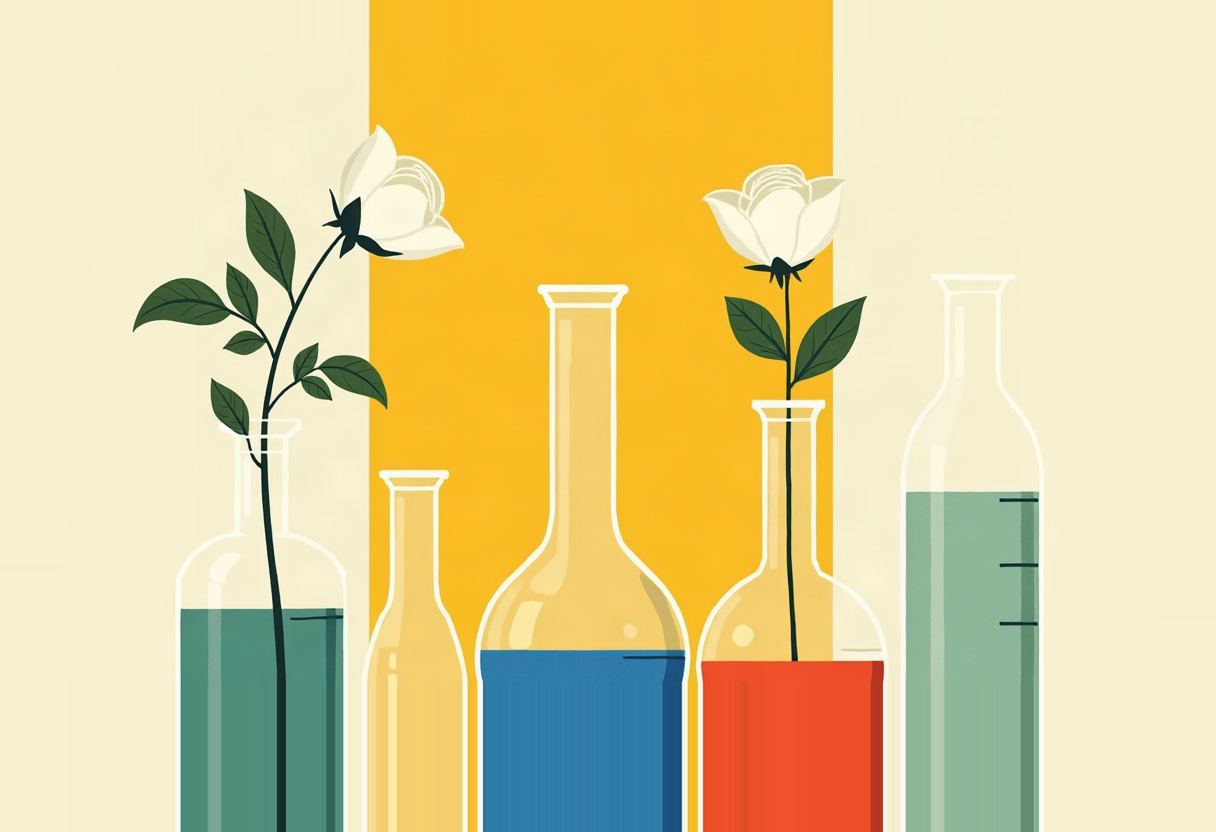 Five laboratory flasks of different shapes hold teal, pale yellow, blue, red, and green liquids against a cream and mustard-striped background, with two white flowers rising from the teal and red flasks.