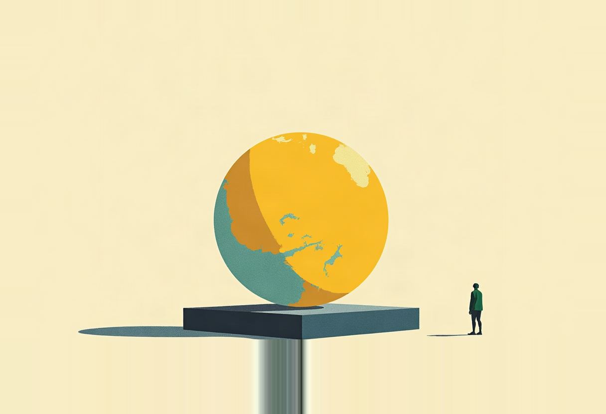 A large orange-and-teal globe balances on a dark pedestal atop a thin pole, beside a small standing figure, against a pale yellow background.