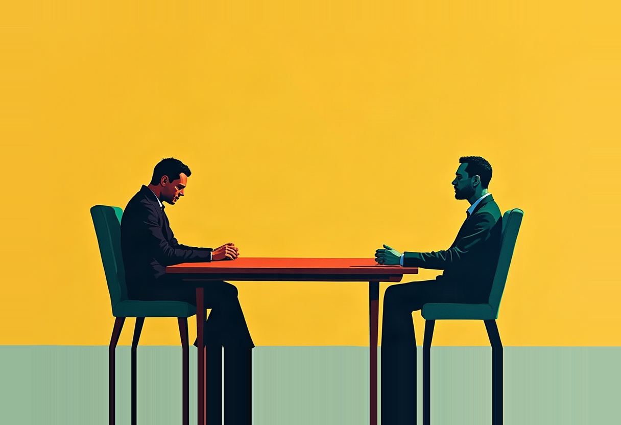 Two suited men in profile sit at opposite ends of a red table on green chairs, heads bowed with hands clasped, against a flat yellow background over pale green floor.