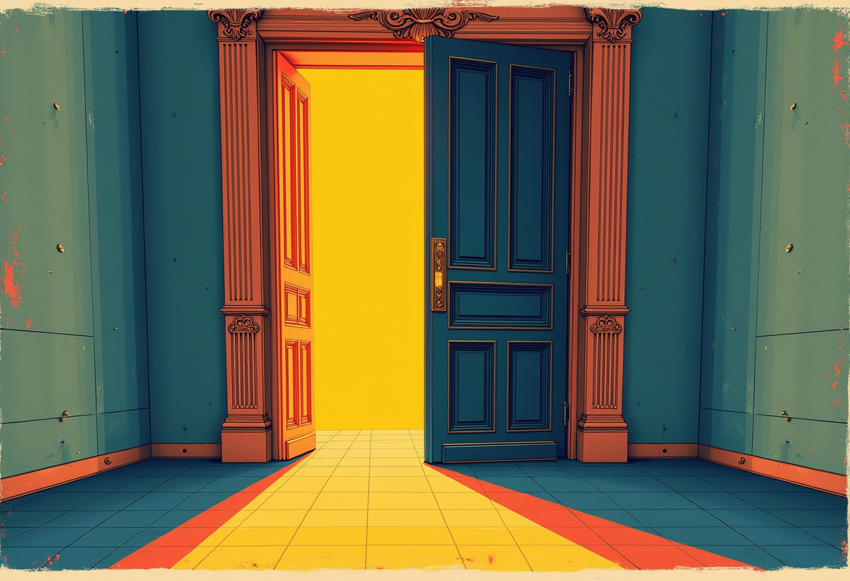 A closed ornate door with two different shadows visible through the gap at the bottom, dim corridor lighting