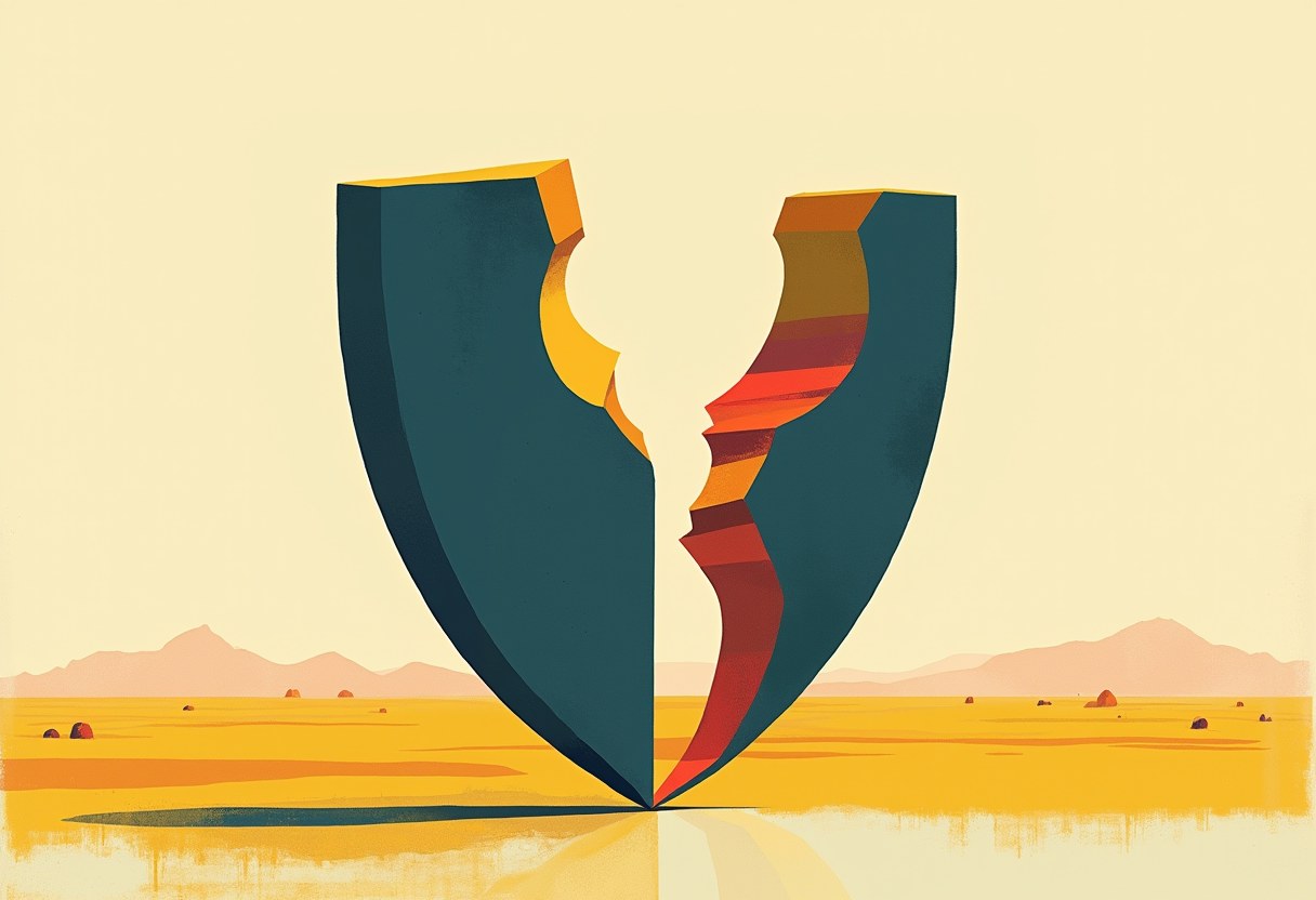 A dark teal shield split into two curved halves with red, orange and yellow layered interior, standing on a golden plain with distant mountains.