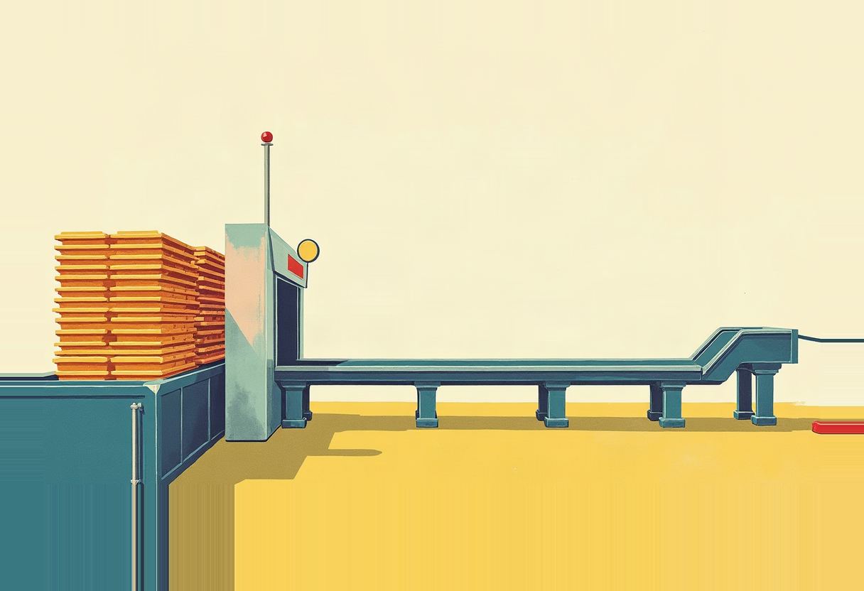 Illustration of a teal airport security checkpoint scanner booth with a stack of orange ID cards feeding in and an empty conveyor belt extending out, against a pale yellow background.