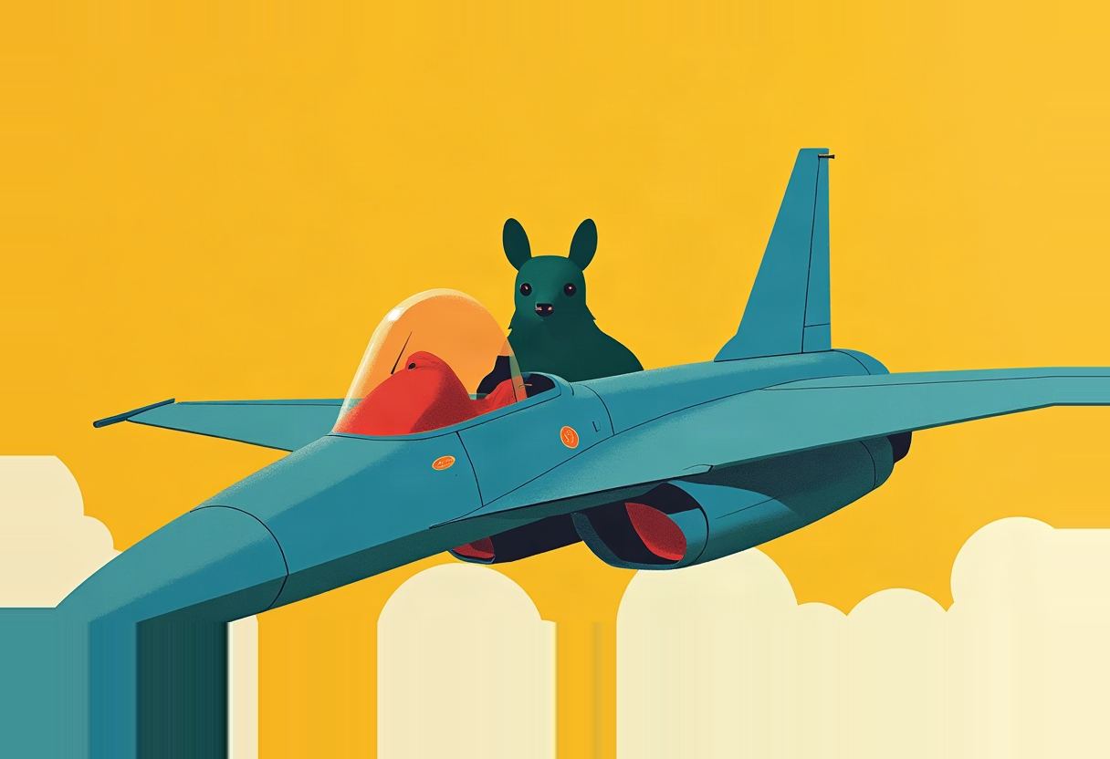 A large dark green animal head pokes out of an open cockpit on a teal fighter jet with an orange canopy, flying above white clouds against a yellow sky.