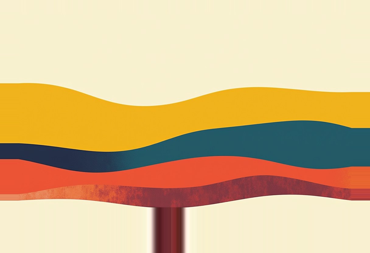 Wavy horizontal bands of yellow, teal, navy, and orange stack above a dark maroon microphone-like stem on a cream background.