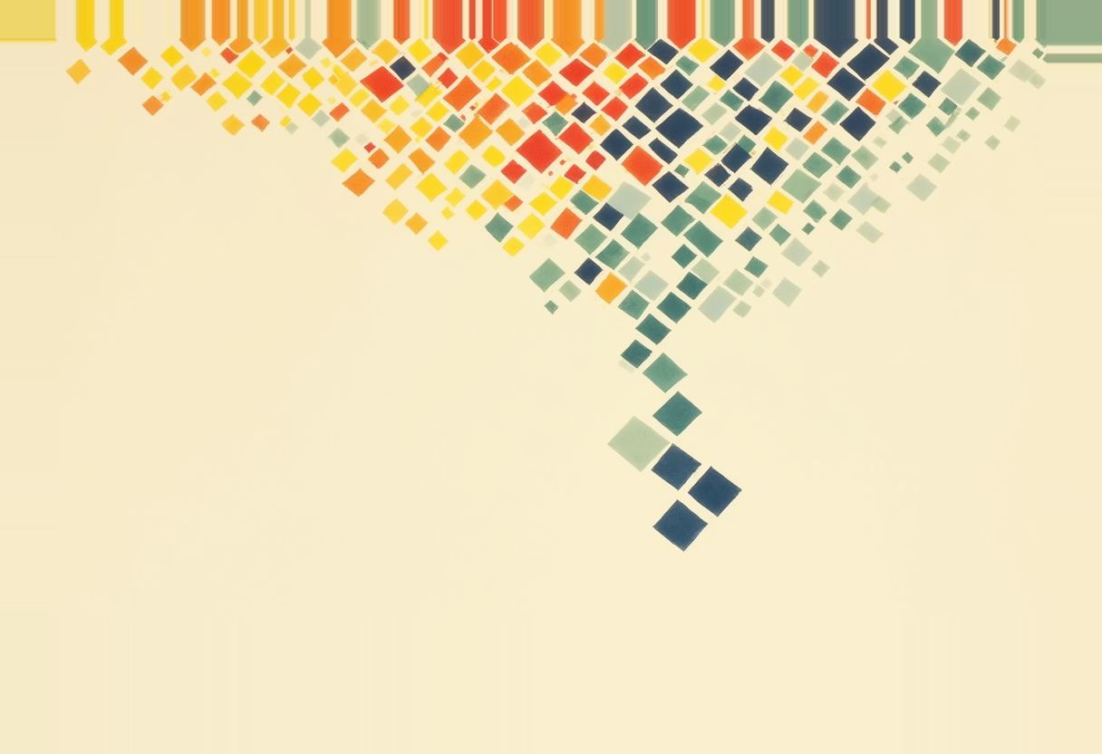 A horizontal bar of solid color stripes dissolves downward into scattered diamond shapes in red, orange, yellow, teal, and navy, narrowing to a single point on a cream background.