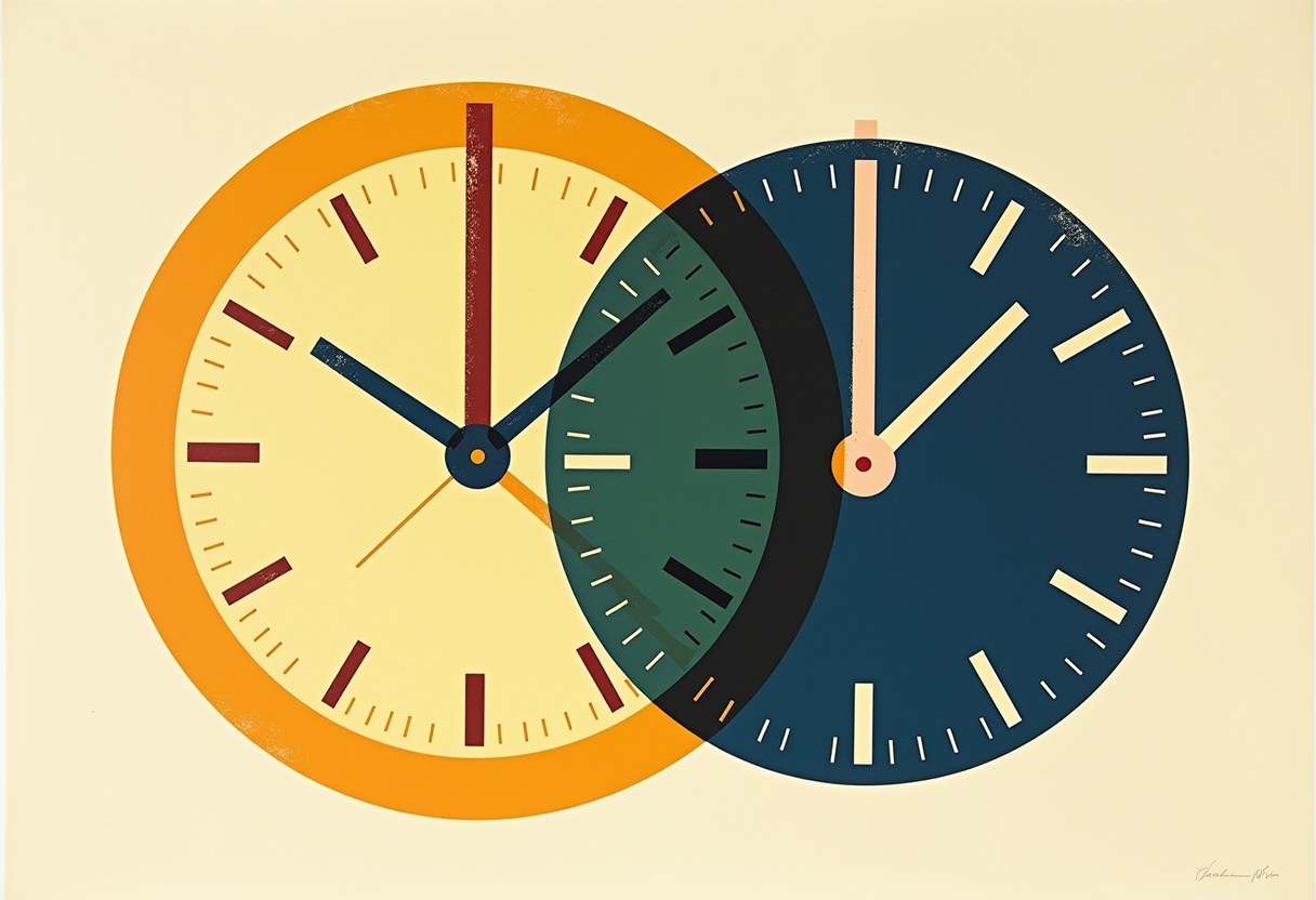 Two overlapping wall clocks, one orange-rimmed with cream face and dark red hands, one navy blue with cream hands, their dials blending green and black where they intersect.