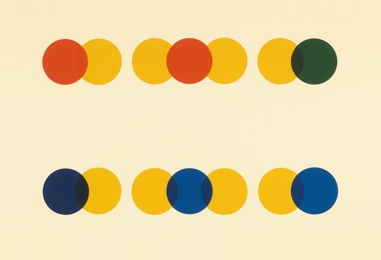Two rows of overlapping colour circles on cream: top row red/yellow, yellow/red/yellow, yellow/green pairs; bottom row navy/yellow, yellow/blue/yellow, yellow/blue pairs.