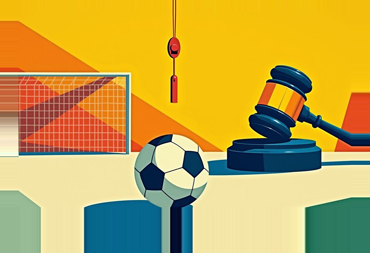 A soccer ball resting against a goal net beside a large navy gavel on a stand, with a red whistle hanging from a cord above, on a yellow and orange background.