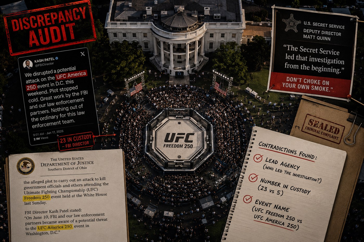 Aerial of a UFC event on the White House South Lawn, marked up as a discrepancy audit: the FBI post, the Secret Service quote, the DOJ release, and a list of three contradictions.