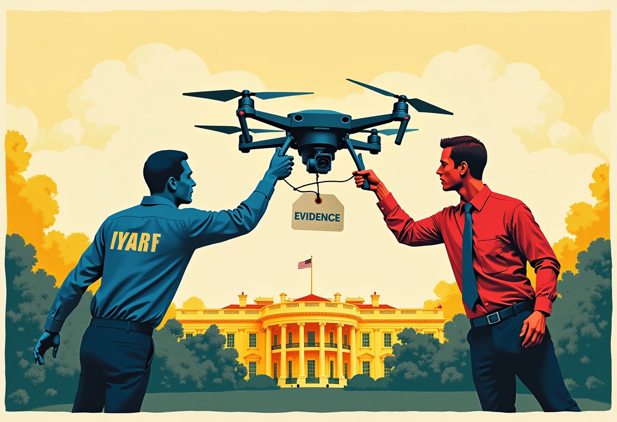 Editorial illustration of two agency badges pulling a single drone over the White House in opposite directions