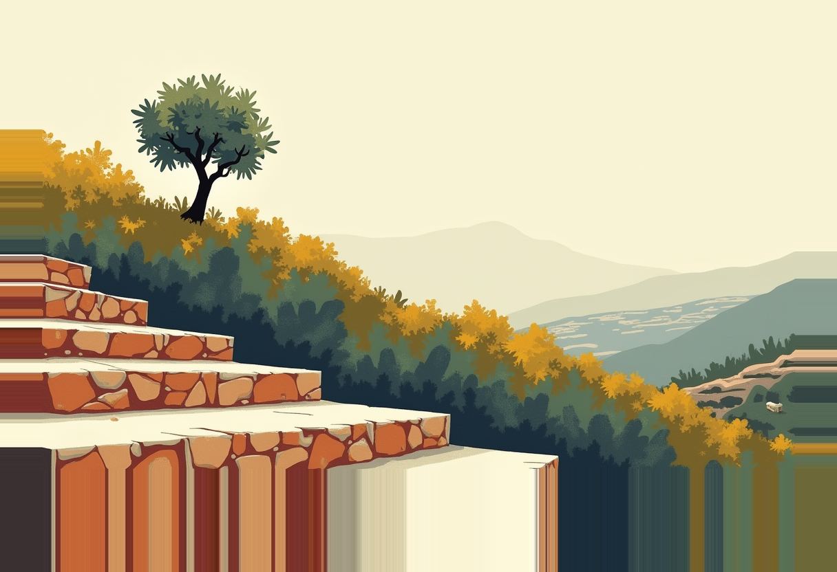 Stone terraced steps beside an olive tree on a hillside, with layered green and gold shrubland descending toward hazy mountains.