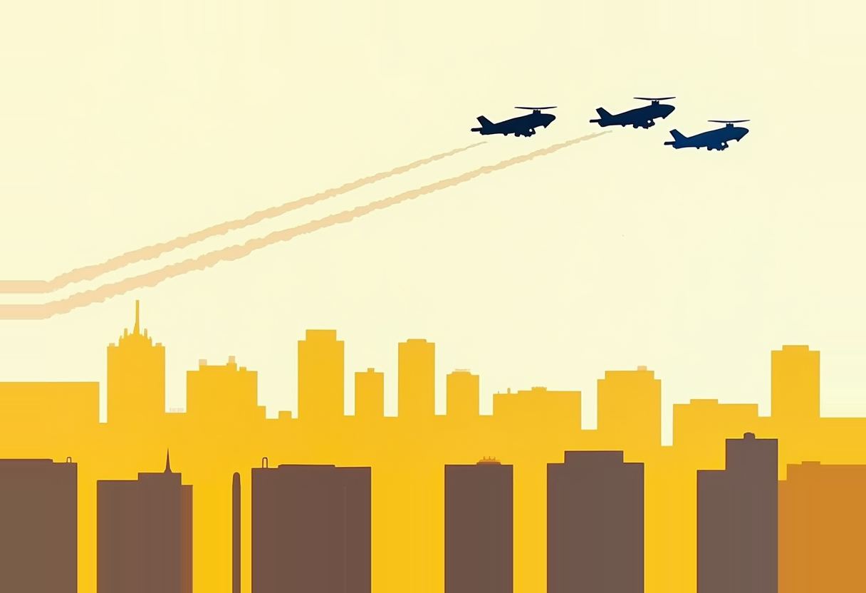 Three dark aircraft trail pale contrails across a pale yellow sky above a yellow-and-brown city skyline of varied tower silhouettes.